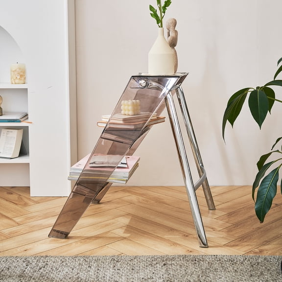 Home Folding Ladder Stool Brown: Multi-functional ABS Steel Step Side Table, Z-Shape Bookshelf, Space-Saving Foldable Furniture for Indoor Living Spaces, 17.32x20.47x24.80"