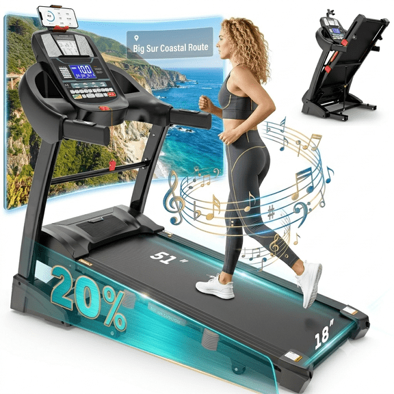Home Folding Treadmill with 20% Auto Incline,18" Wide Belt Treadmills, 12MPH 5.15HP Brushless Incline Treadmill for Home, 400LBS Foldable Treadmills with Screen & APP & Heart Rate,