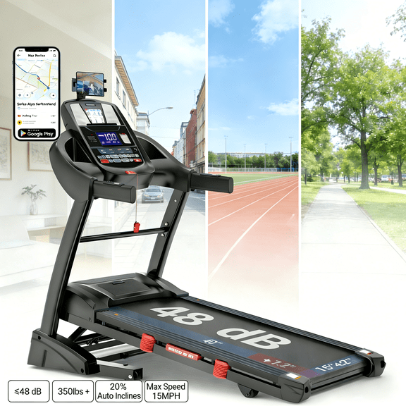 Home Folding Treadmill with 15% Auto Incline, 5HP Motor, 7-Layer Shock Absorption, 64 Programs, Bluetooth & USB