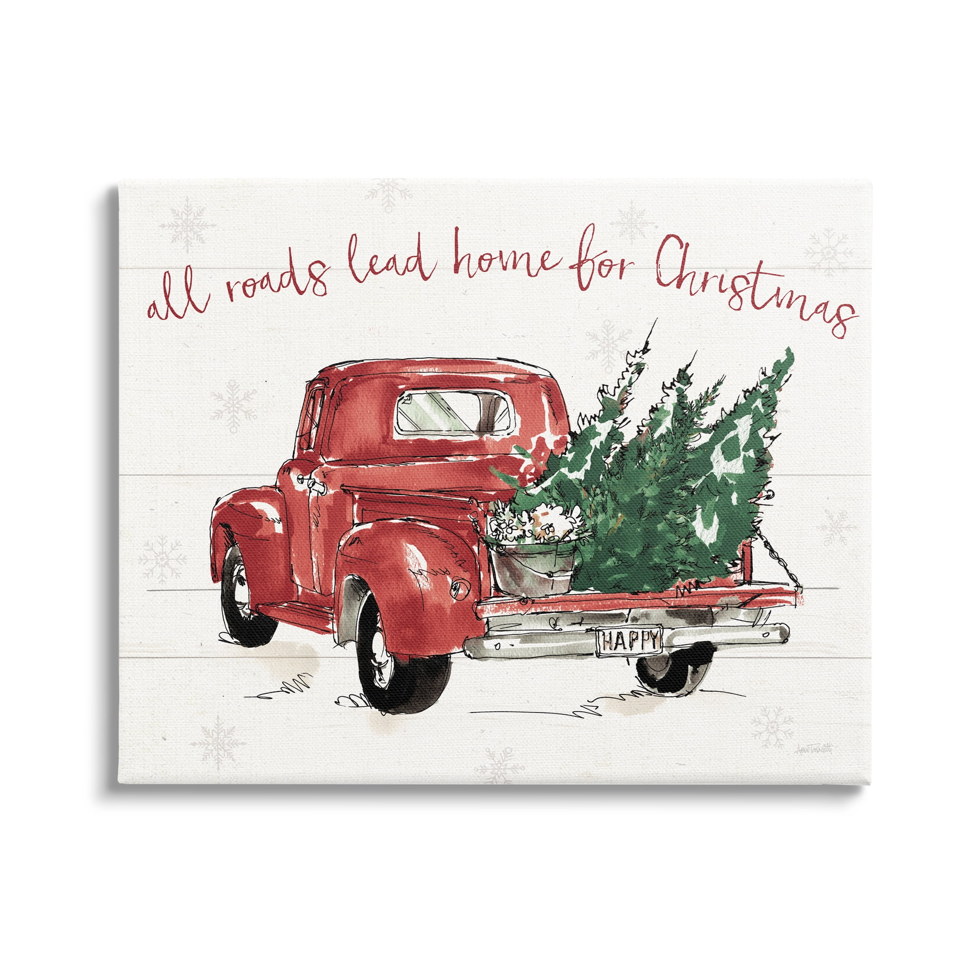 Home For Christmas Inspirational Trees in Red Truck Transportation Graphic Art Gallery-Wrapped Canvas Print Wall Art
