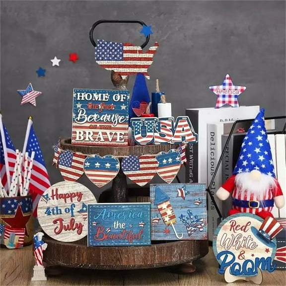 Home Of The Free Because Of The Brave Wooden Desktop Display Set, 11-Piece Patriotic 4Th Of July Table Decor With Stars & Flag, Independence Day Themed Tabletop Arrangement For