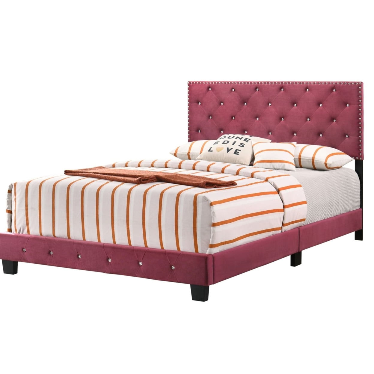 Cherry Velvet Tufted Upholstered Full Panel Bed