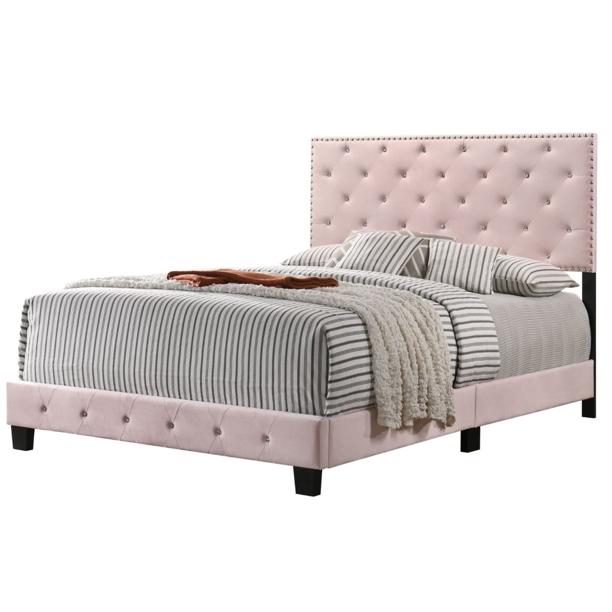 Suffolk Pink Velvet Upholstered Queen Panel Bed with Nailhead Trim