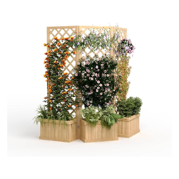 Home Garden Cedar Privacy Screen with Planter Box - Garden Fence Panel,2/3 Hinged Freestanding with Drain Holes, Natural Wood Room Divider for Patio, Deck, Backyard & Balcony,Raised Garden Bed Kit