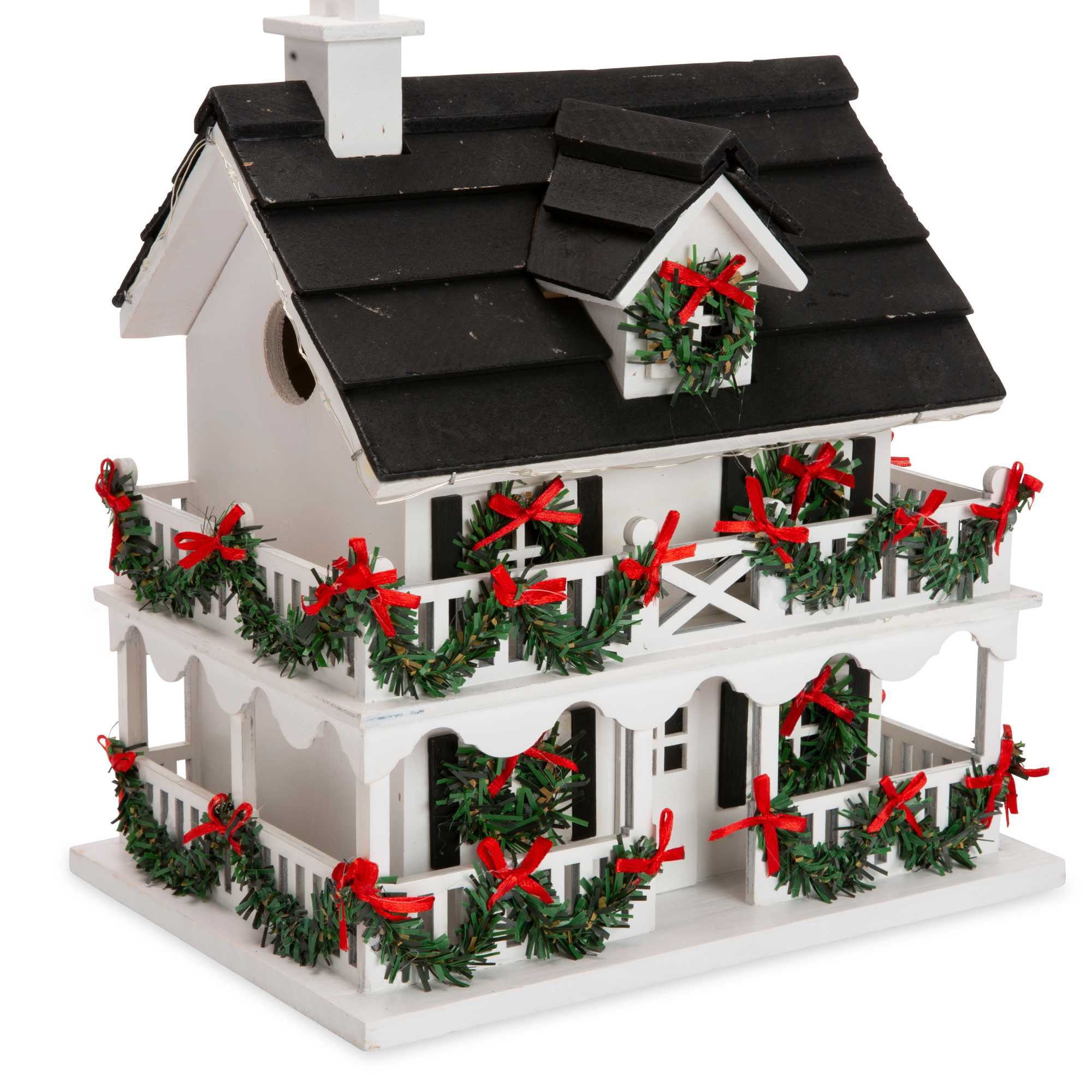 Colonial Cottage White and Black Wood Birdhouse with LED Lights