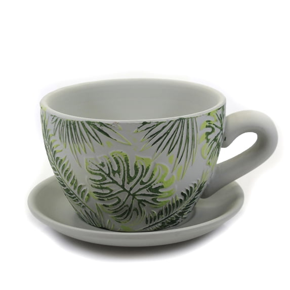 Home & Garden Embossed Leaf Cup & Saucer Clay Planter Pattern Er55065 Green