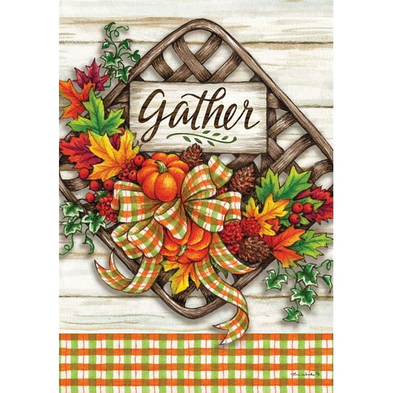 Home & Garden Gather Basket Flag Polyester Autumn Pumpkins Ribbon 4401Fm