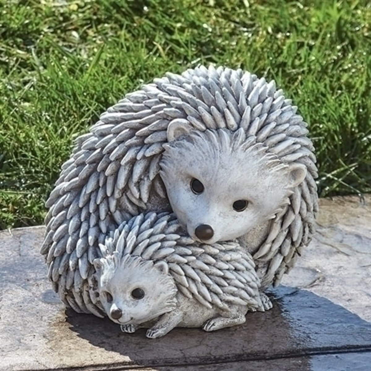 Adorable Gray Polyresin Hedgehog and Baby Garden Statue