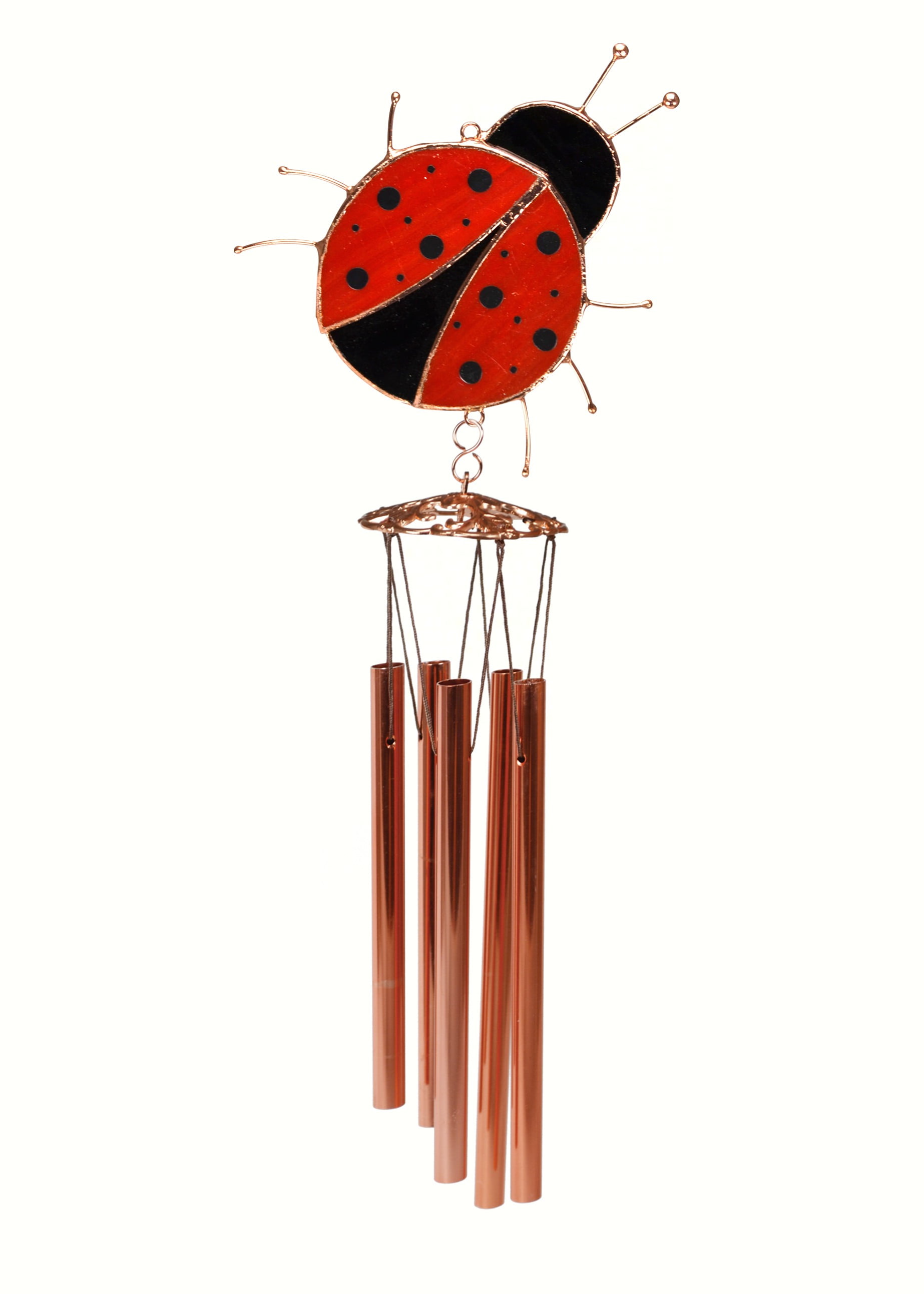 19.5 Inch Red and Black Stained Glass Ladybug Wind Chime with Copper Tubes