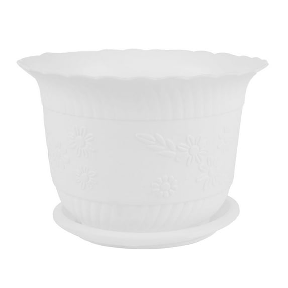 Home Garden Plastic Floral Pattern Cactus Aloe Plant Flower Pot White w Tray