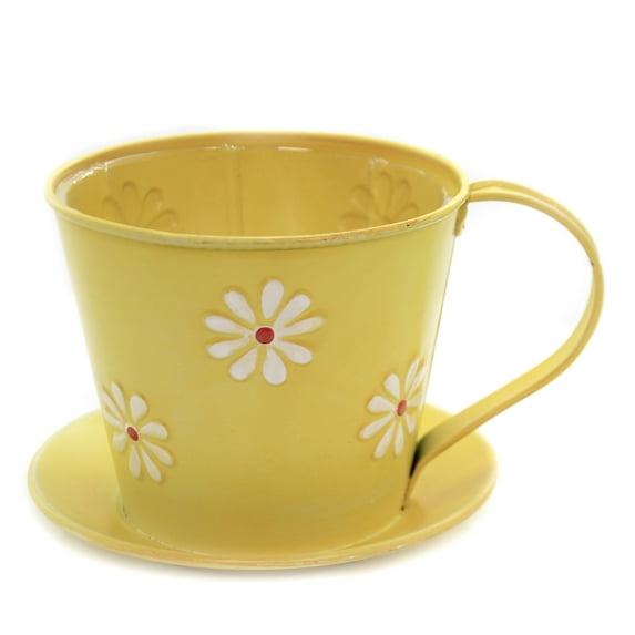 Home & Garden Teacup And Saucer Planter Metal Daisy Flower 9734606 Yellow