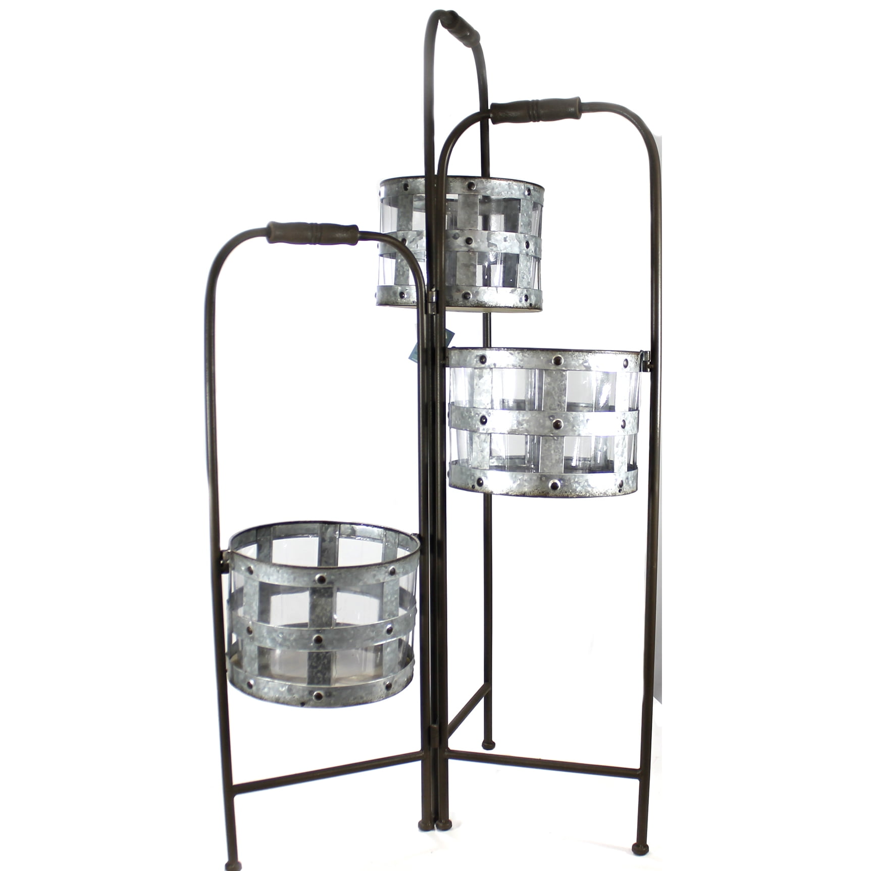 Rustic Three-Tiered Metal and Wood Indoor Plant Stand