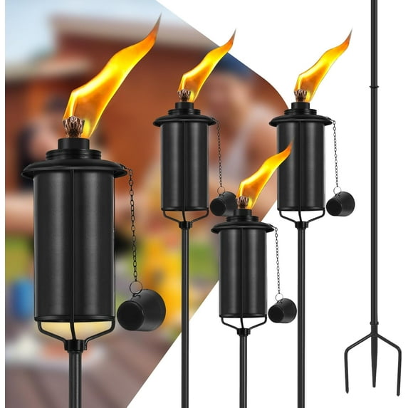 Home Garden Torch Set of 4, 16oz Outdoor Metal Torch Garden Décor, 59-Inch Upgraded Citronella Torches with 3-Prong Grounded Stake, Metal Light Torches for Party Patio Pathway
