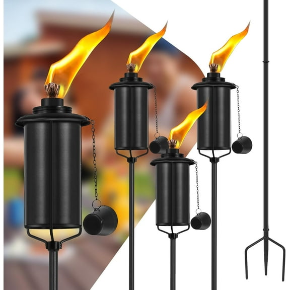 Home Garden Torch Set of 4, 16oz Outdoor Metal Torch Garden Décor, 59-Inch Upgraded Citronella Torches with 3-Prong Grounded Stake, Metal Light Torches for Party Patio Pathway
