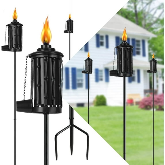 Home Garden Torch Set of 6, 16oz Outdoor Metal Torch Garden Décor,59-Inch Upgraded Citronella Torches with 3-Prong Grounded Stake, Metal Light Torches for Party Patio Pathway
