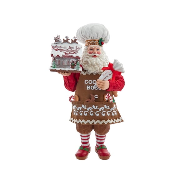 Kurt Adler Fabrich Chef Santa Decorating Gingerbread House Standing Christmas Figurine, 10.5"