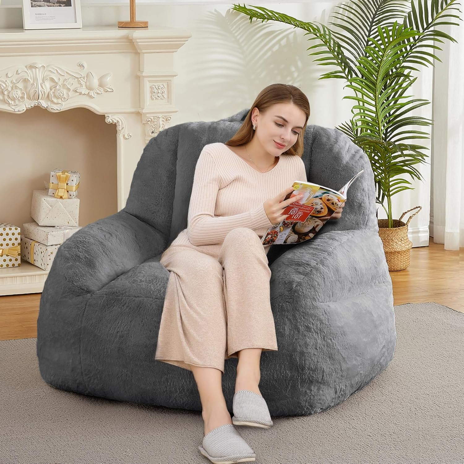 Home Giant Bean Bag Chair, Faux Fur Stuffed Bean Bag Couch with Filler, Bean Bag Chair for Adults, Big Lazy Sofa Floor Sofa with Handle, Large Living Bean Bag