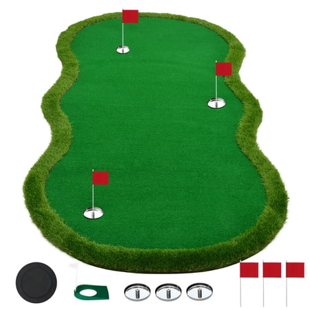 Home Golf Simulator Putting Green, Indoor Outdoor Golf Putting Mat with 3 Holes, Slope, Challenge Putting Cups & Flags for Backyard Office Practice