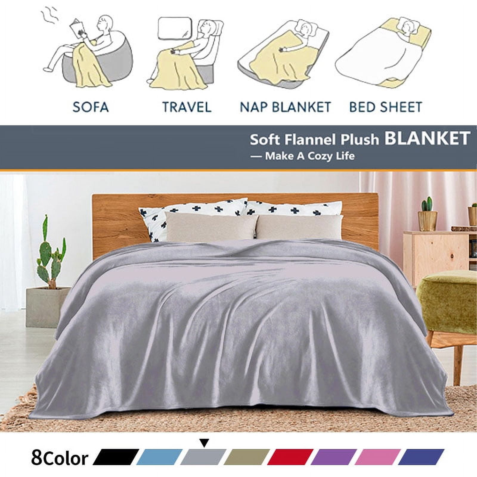 Home Gray Flannel Fleece Throw Blanket Queen Size Solid Ultra Soft Luxury Double Side Fuzzy Plush Fall Blanket for Couch and Pet Fluffy Cozy Throw