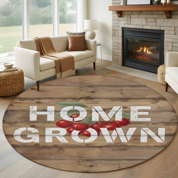 Home Grown Round Rugs for Living Room 5ft American Country Red Cherry Wood Grain Non Slip Circle Rug Washable Low-Profile Indoor Carpet for Bedroom, Dining Room, Bathroom