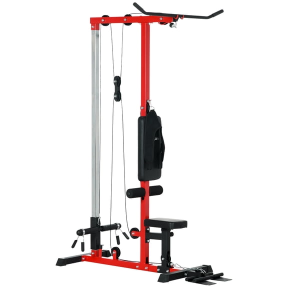 Soozier Cable Machine with Adjustable Seat and Flip-Up Footplate, Home Gym LAT Machine for High and Low Pulley Exercises, 55 lbs Resistance per Arm, Black and Red Steel Frame