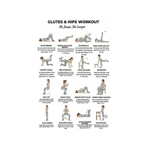 Home Gym Poster Glute Hip Bodyweight Exercises Chart Workout Guide for Strength Mobility Training Room Wall Decor