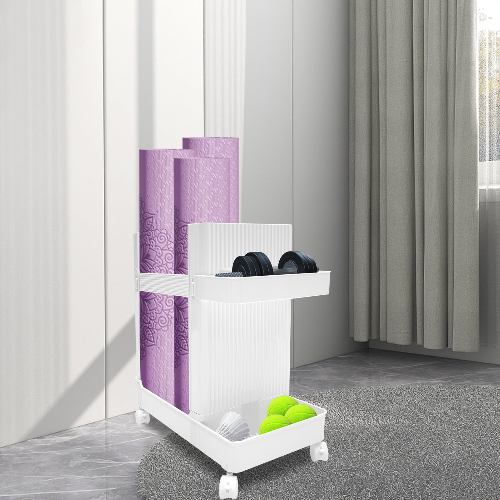 Home Gym Storage, 2 Tiers Workout Equipment Organizer with Wheels Workout Equipment Storage Organizer Yoga Mat Storage Racks Home Gym Storage Rack for Yoga Mats, Foam Roller, Dumbbells(White)