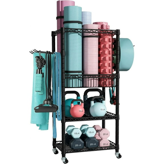 Home Gym Storage, 3 Tiers Workout Equipment Organizer with Wheels for Yoga Mats, Foam Roller, Dumbbells, Kettlebells, and Resistance Bands