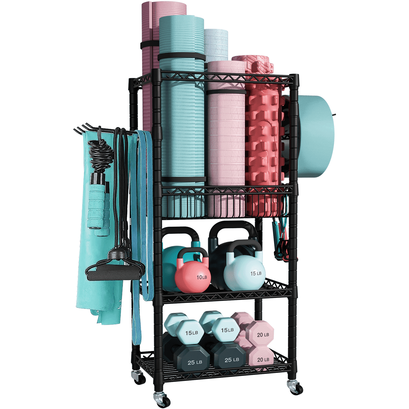 Home Gym Storage, 3 Tiers Workout Equipment Organizer with Wheels for Yoga Mats, Foam Roller, Dumbbells, Kettlebells, and Resistance Bands