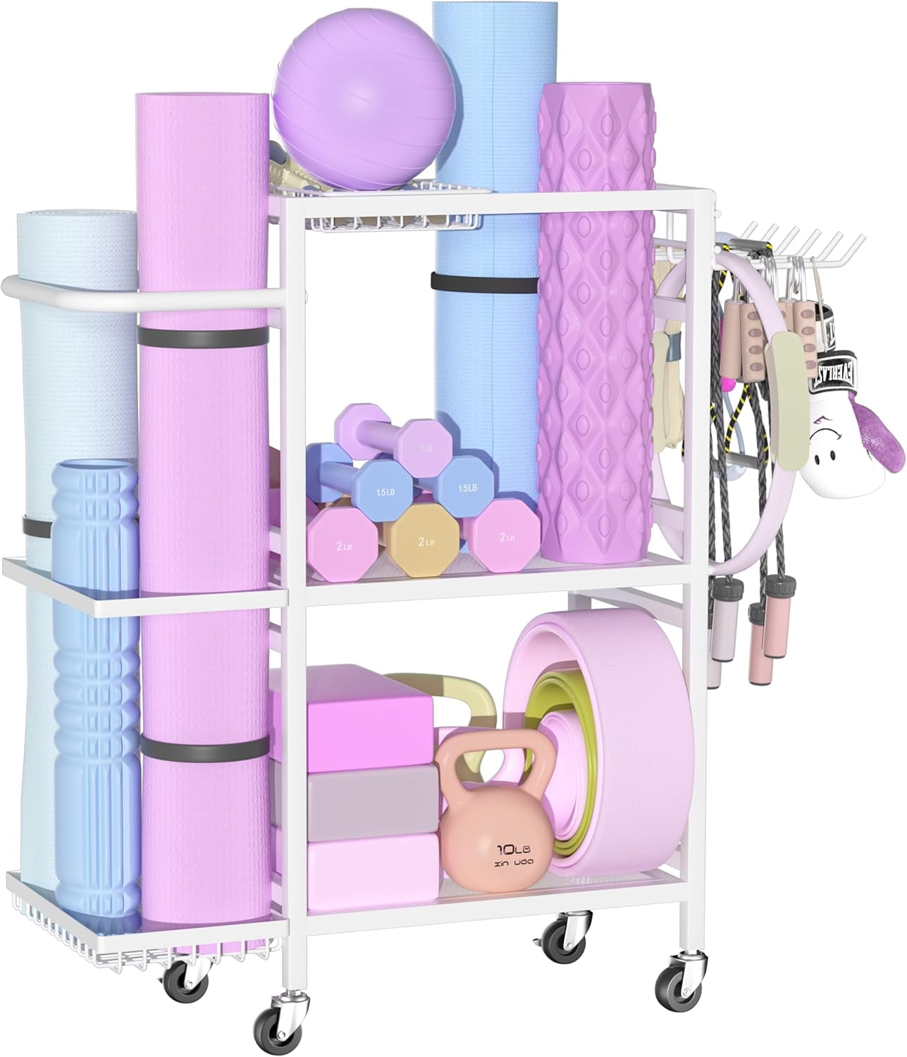 Home Gym Storage Rack, 3 Tier Yoga Mat Storage Rack with Wheel for Yoga ...