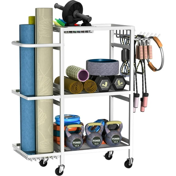 Home Gym Storage Rack, 3 Tier Yoga Mat Storage Rack with Wheel for Yoga Lover, Exercise Equipment and Workout Equipment Organizer, Yoga Mat Holder for Yoga Mats, Foam Roller and Dumbbells