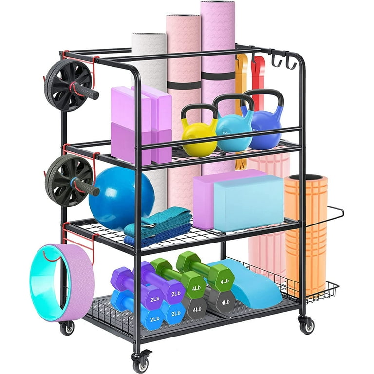 Home Gym Storage Rack, All in One Workout Equipment Rolling Storage  Organizer with Hooks 