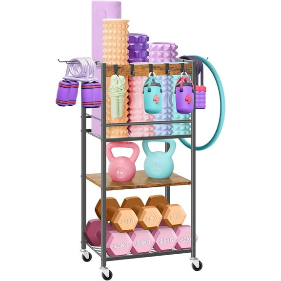 Home Gym Storage Rack, Heavy Duty Yoga Mat Holder Workout Equipment Storage Organizer Weight Rack with Hooks & Wheels for Dumbbells Kettlebells Dumbbell Yoga Block Foam Rollers
