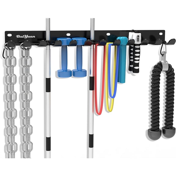 Home Gym Storage Rack - Multi-Purpose Heavy Duty Gym Rack Organizer, Wall Mount Barbell Rack Gym Equipment Hanger for Olympic Barbells, Resistance Bands, Jump Ropes, Row Handles, etc. (26", 12 Hook)