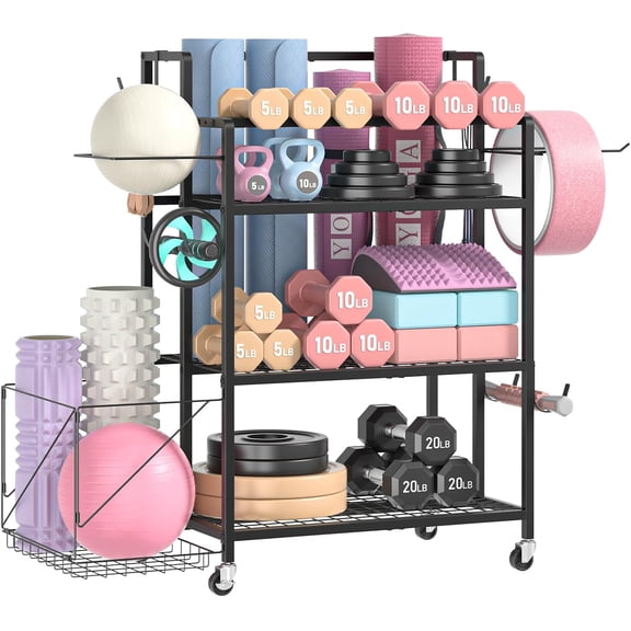 Home Gym Storage Rack, Multi-functional Workout Equipment Storage for Dumbbells, Kettlebells & Yoga Mats, Heavy Duty Weight Rack for Home Garage Gym, Rolling Fitness Equipment Organizer with Hook