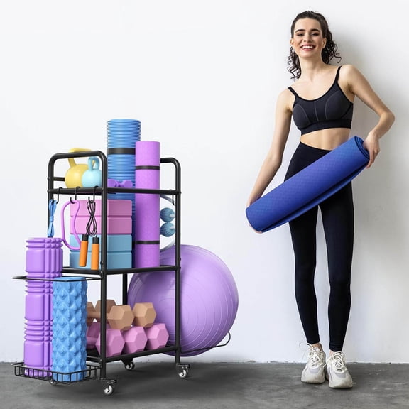 Home Gym Storage Rack Organizer for Yoga Mat Dumbbells Kettlebells Foam Roller Yoga Strap & Resistance Bands