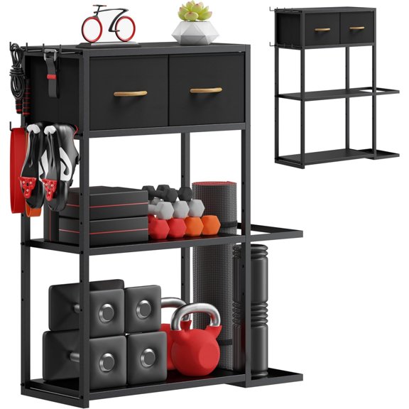 Home Gym Storage Shelf Stand Only, Adjustable Weight Rack for Dumbbells Plus Extra Upper Drawer, Mat and Workout Equipment, Lar...