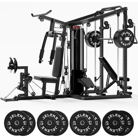 Home Gym System Workout Station, Multifunction Smith Machine with 150LB Weight Stack, Leg Press, LAT Station for Full Body Strength Training
