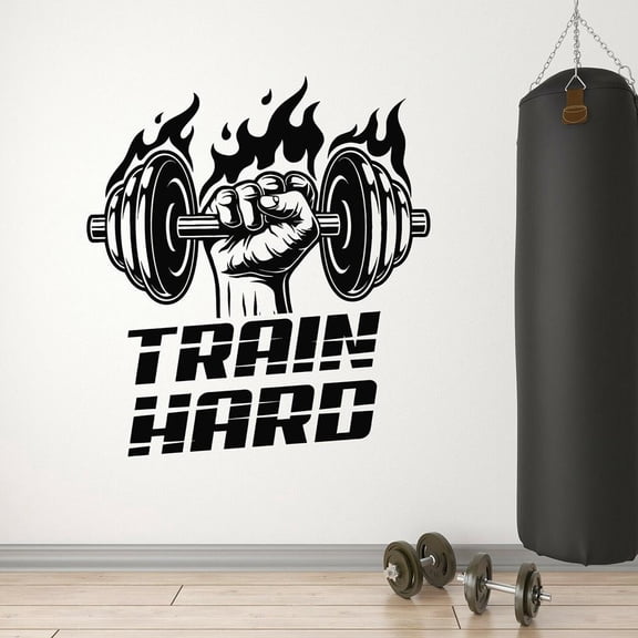 Home Gym Wall Decor Vinyl Wall Decal for Trainer Fitness Club Inspiring Quote Iron Sport Stickers Train Hard Bedroom Mural 80x88cm