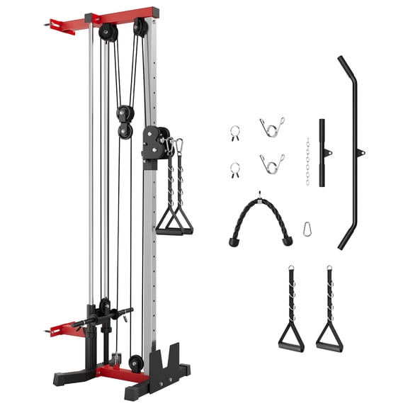 Home Gym Wall-Mounted Cable Station Dual Pulley Strength Training Machine with 19 Adjustable Heights, Tricep Rope, T-Bar, Lat Pulldown Bar & Foot Board for Full-Body Workouts