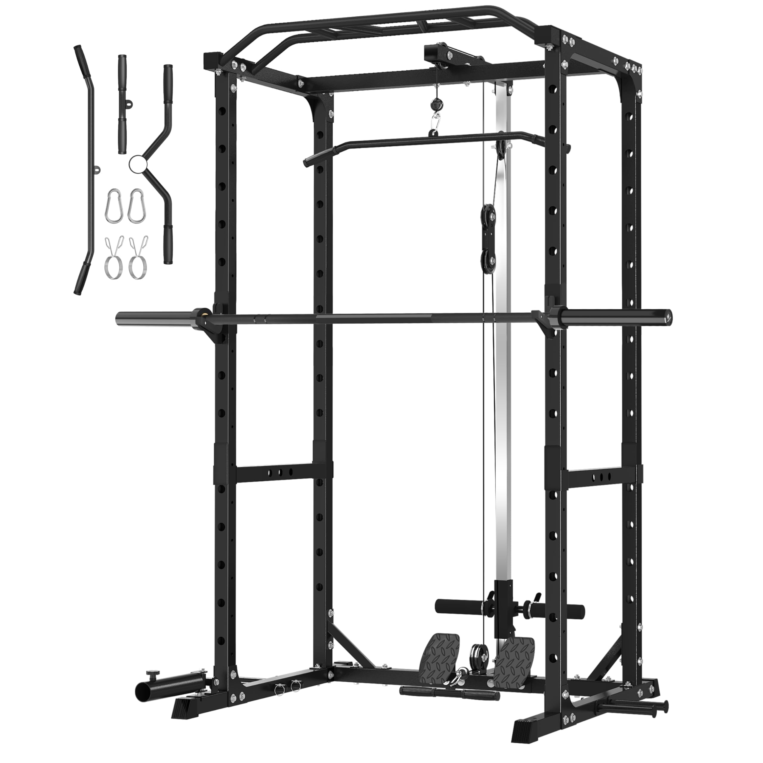 Power Rack, Pro-Grade Power Cage Home Gym with 1600lb Capacity, 30mm Multi-Grip Pull-Up Bar, LAT Pulldown & Landmine, Gray – Compact Design for Garage/Apartment
