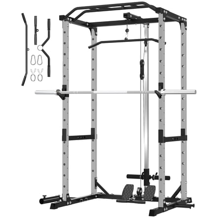 Power Rack, Pro-Grade Power Cage Home Gym with 1600lb Capacity, 30mm Multi-Grip Pull-Up Bar, LAT Pulldown & Landmine, Gray – Compact Design for Garage/Apartment