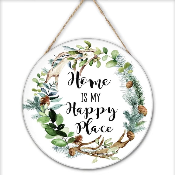 Home is My Happy Place Printable Cabin Round Wood Hanging Sign Rustic Woodland Cabin Print Evergreen Sign Forest Pine Wreath Circle Sign for Home Bedroom Kitchen Porch Hanging Ornaments