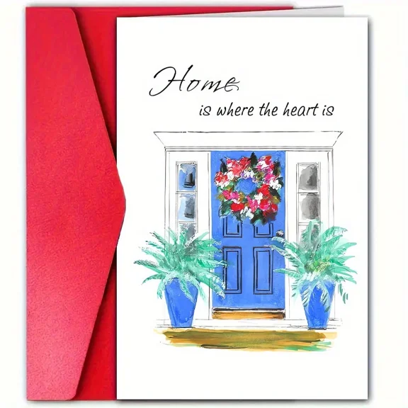 Home is Where the Heart Is Greeting Card Beautiful Blue Door and Wreath Design Perfect for Housewarming, New Home, or Anytime Greeting Envelope Included