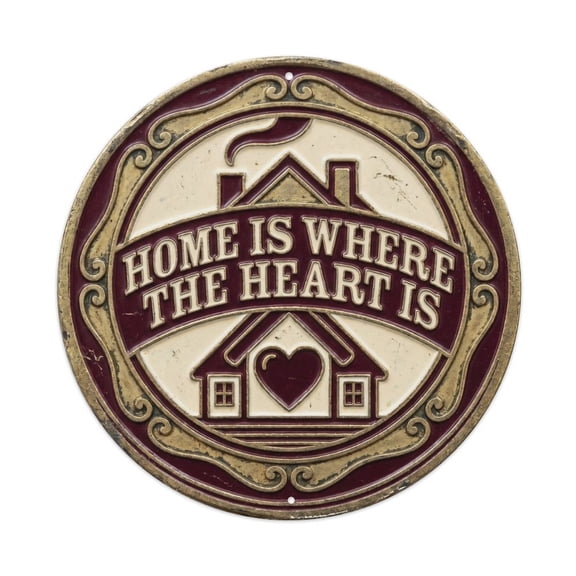 Home Is Where Heart Is Nostalgic Hanging Ornament Retro Slogans Vintage Metal Tin Sign Plaque Wall Decor for Cafe, Club, Garden Round Metal Poster 8x8Inch