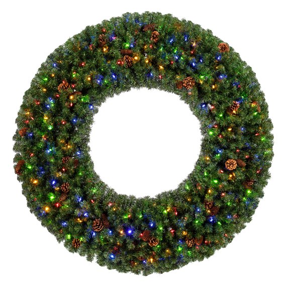 Home Heritage 60-Inch Large Artificial Christmas Wreath Prelit 300 Color LEDs, Pinecones, Green
