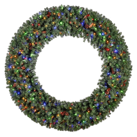 Home Heritage 72? Large Artificial Christmas Wreath Prelit 400 Multi Color LED Lights, Pinecones, Corded, Green