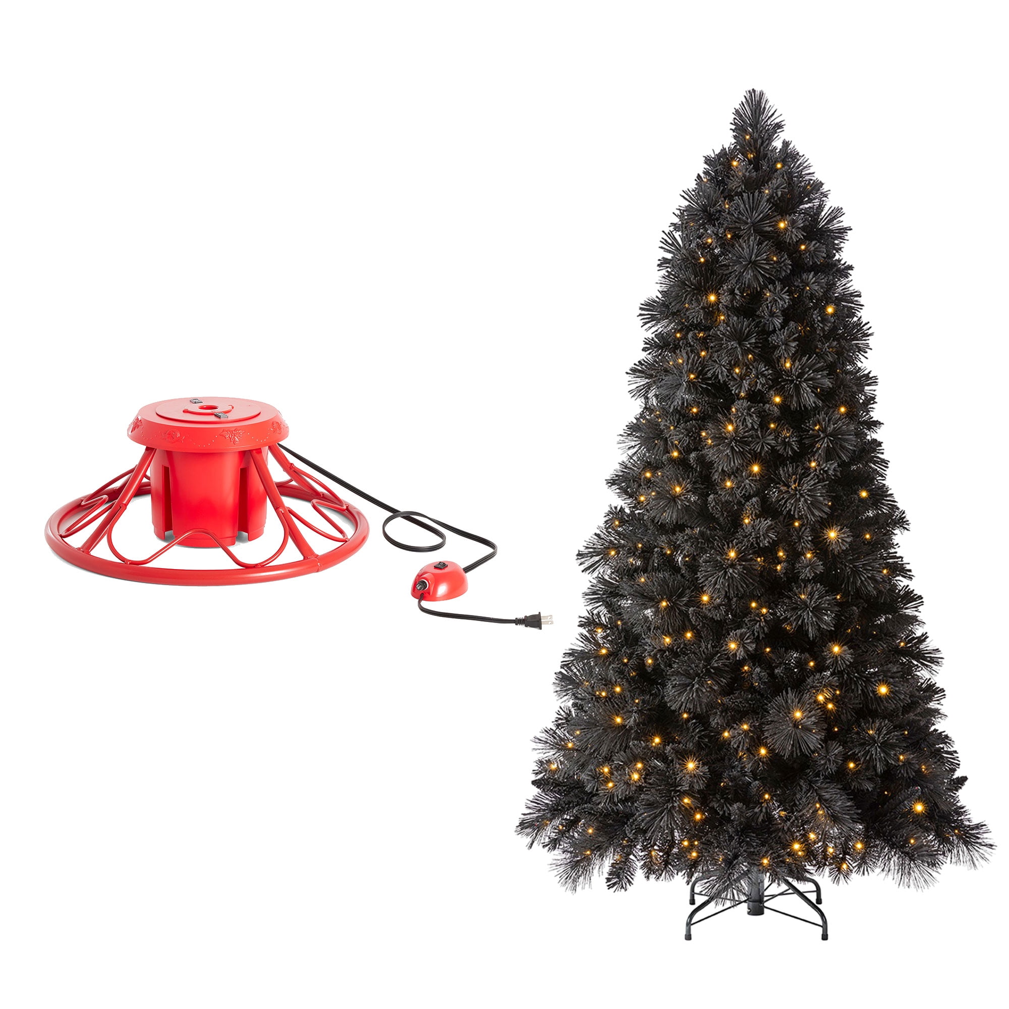 8-Foot Black Pre-Lit Artificial Christmas Tree with Rotating Red Stand
