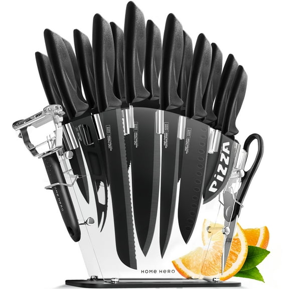 Home Hero - 16 Pcs Kitchen Knife Set & Steak Knifes - Stainless Steel, Black