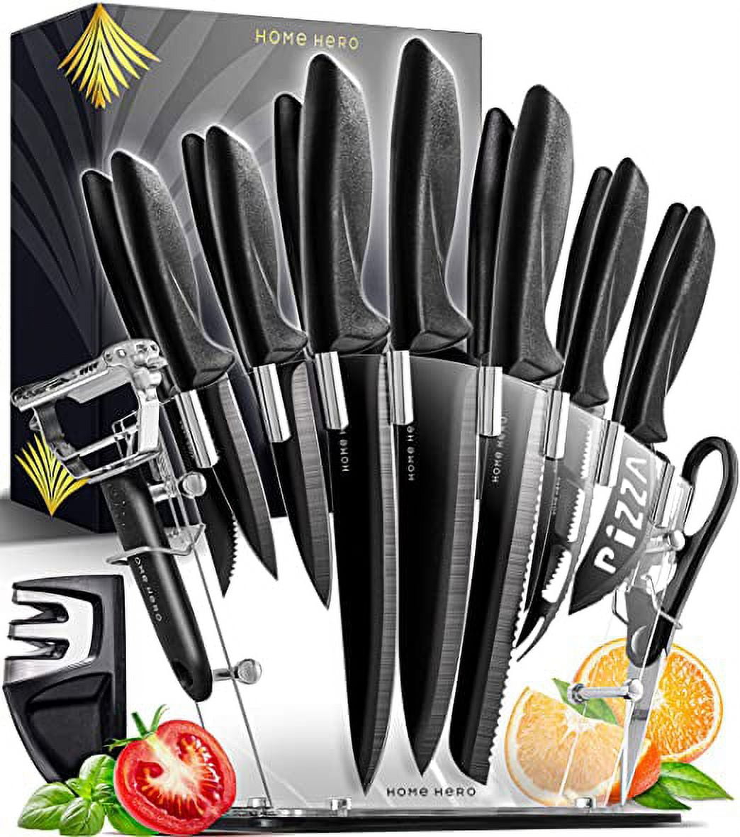  Knife Set, HUNTER 16PCS Kitchen Knives with Acrylic Stand,  Swivel Vegetable Peeler & 2-in-1 Sharpener, Dishwasher Safe Knifes,  Clear/Black: Home & Kitchen